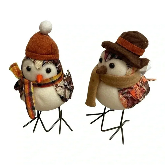Harvest Autumn Fall Fabric Felt Birds Set 2 Birds Plaid Scarf Hat Holiday Decor - Picture 1 of 16